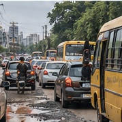 School buses in traffic